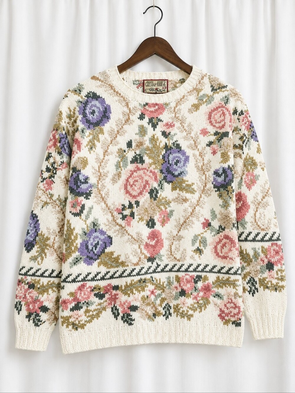 Vintage Crystal Kobe Ivory & Pastel Floral Tapestry 80s Cottagecore Knit Sweater
